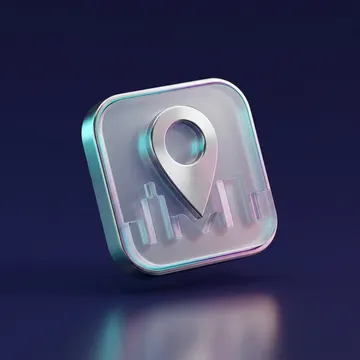 Glass map pin icon above a small city skyline
